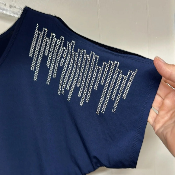 Espresso Royal Blue Cold-shoulder Blouse with silver accents. Gathers at side - Picture 2 of 8